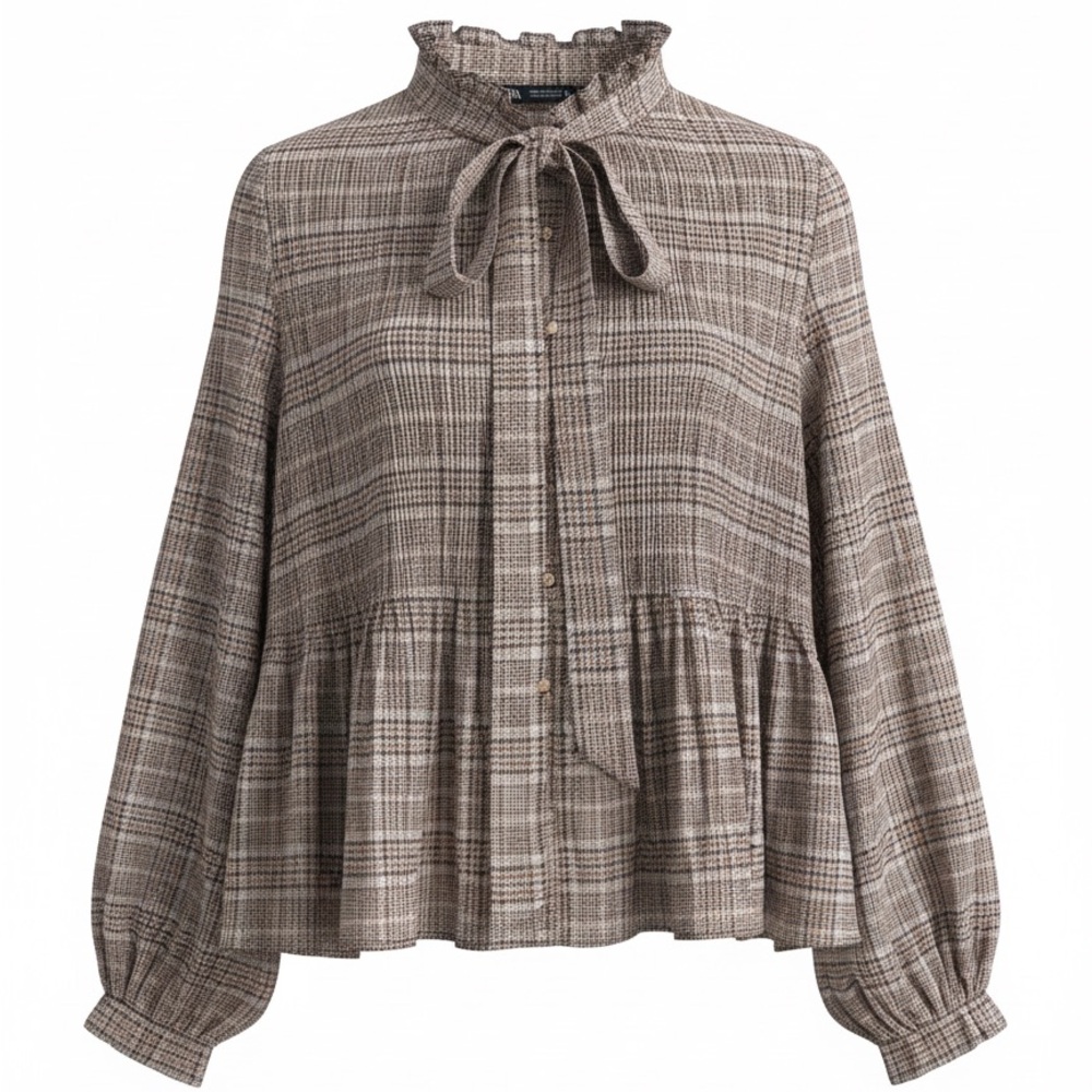 Zara Brown Plaid Tie-Neck Blouse
